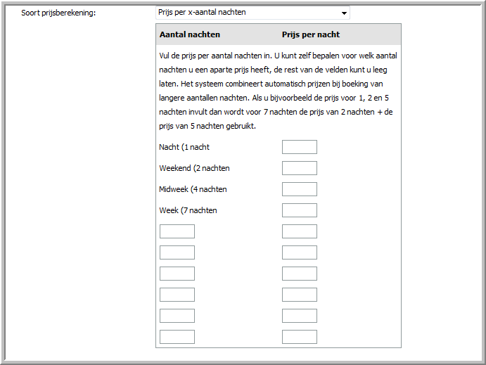 Prijs per aantal nachten